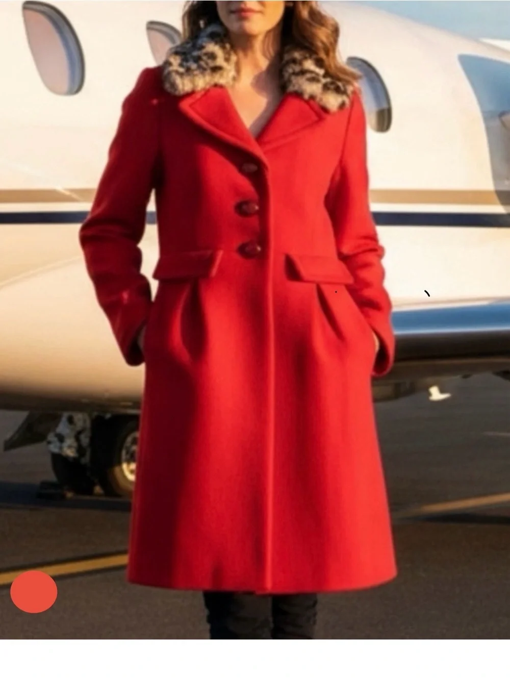 Kate Spade Red Wool Coat Faux Fur Leopard Collar Winter Buttoned Jacket 0